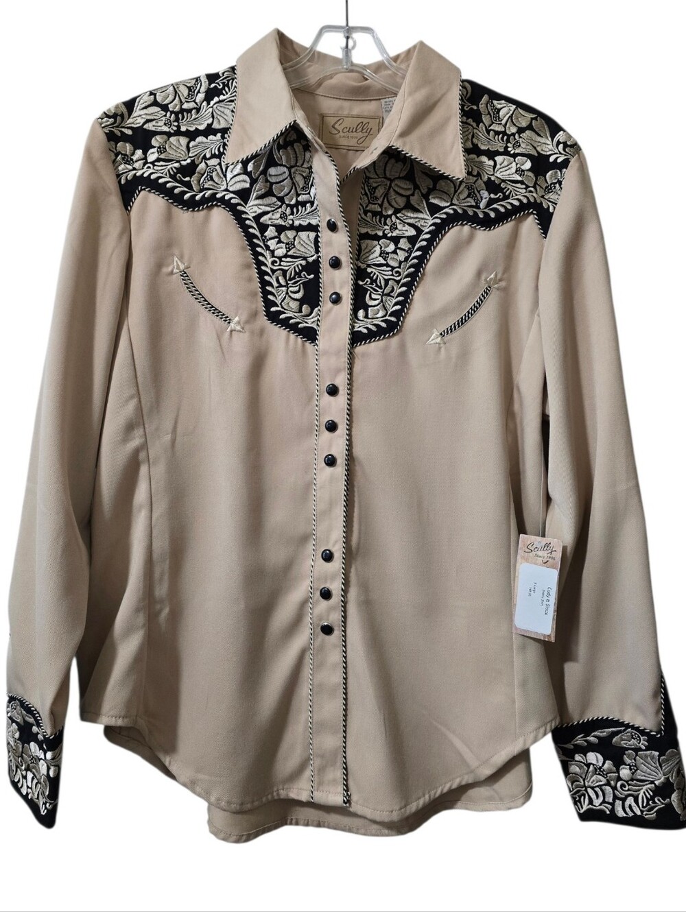 Scully Beige Western Shirt with Black & Cream Floral Yoke